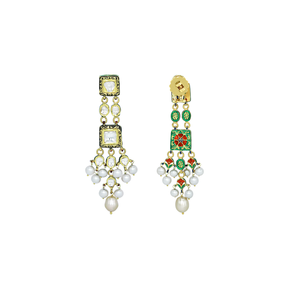 Square Polki Jadau Earrings with Partash Work and Pearl Clusters